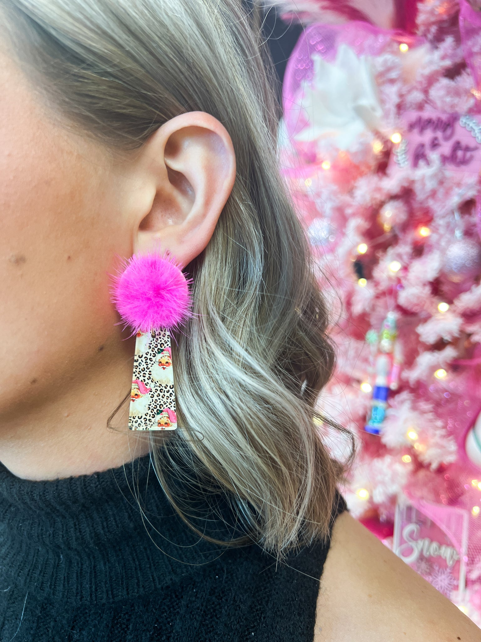 Leopard + Pink Santa Rectangle Earring