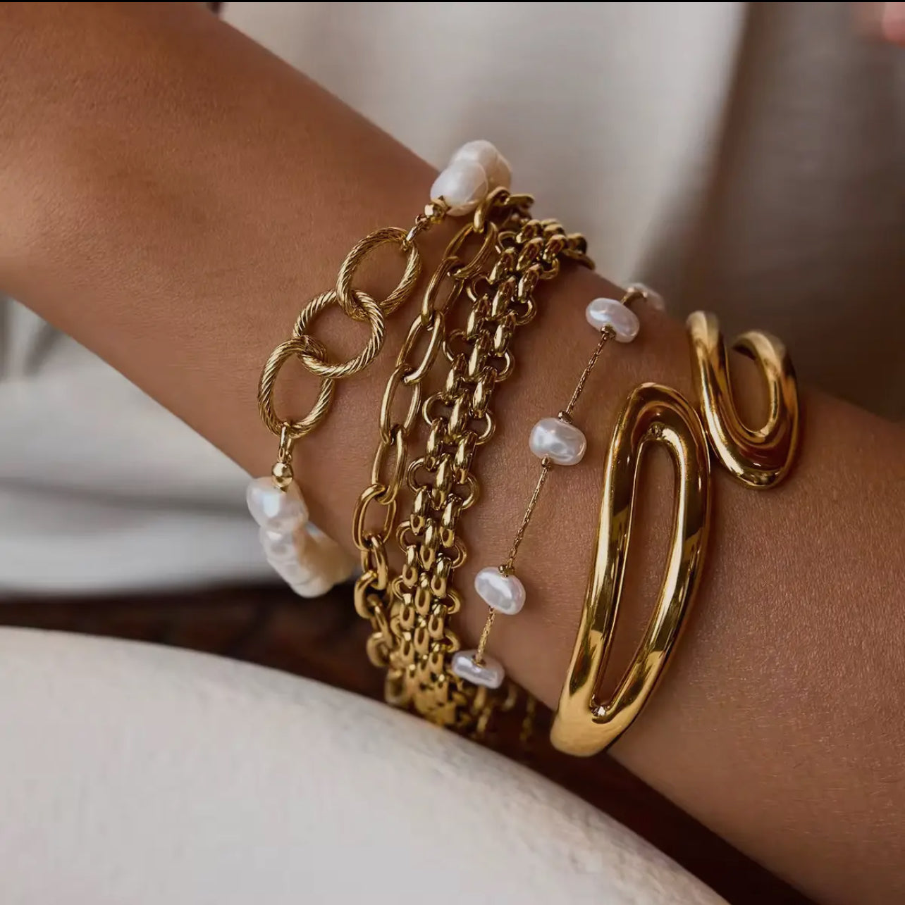 Gold Wave Cuff Bangle Bracelet (waterproof)