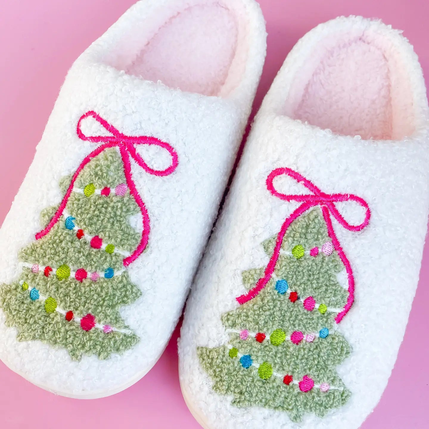 Pink Bow Christmas Tree Slippers // Adult