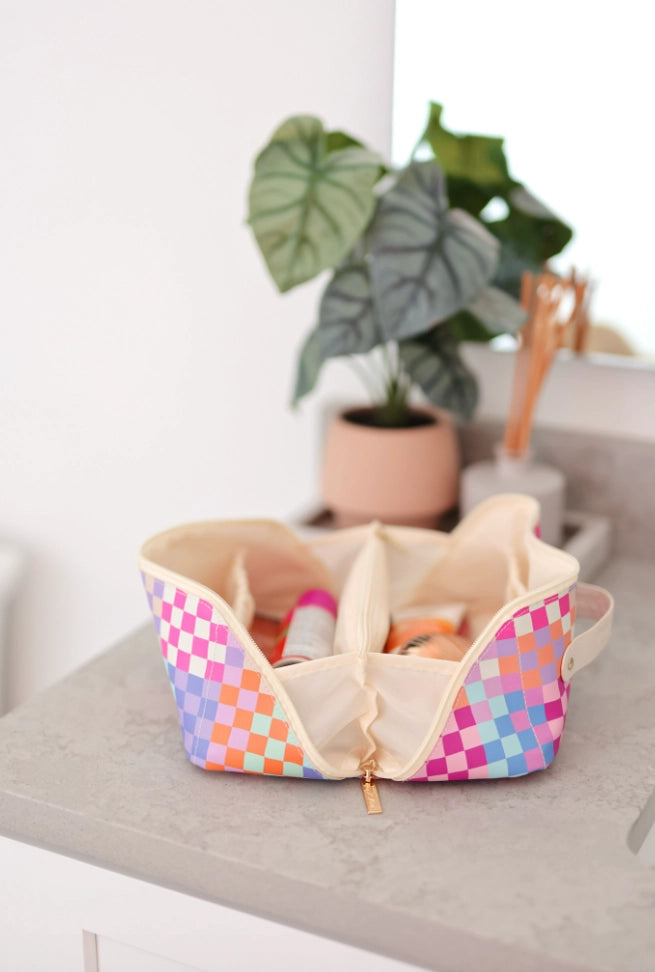 Happy Checkered-Hold All Make up Bag